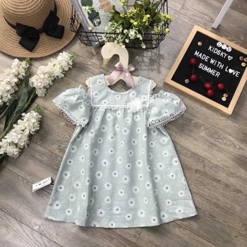 Váy đũi hoa tay ren trễ vai  size 4-8 - V49165